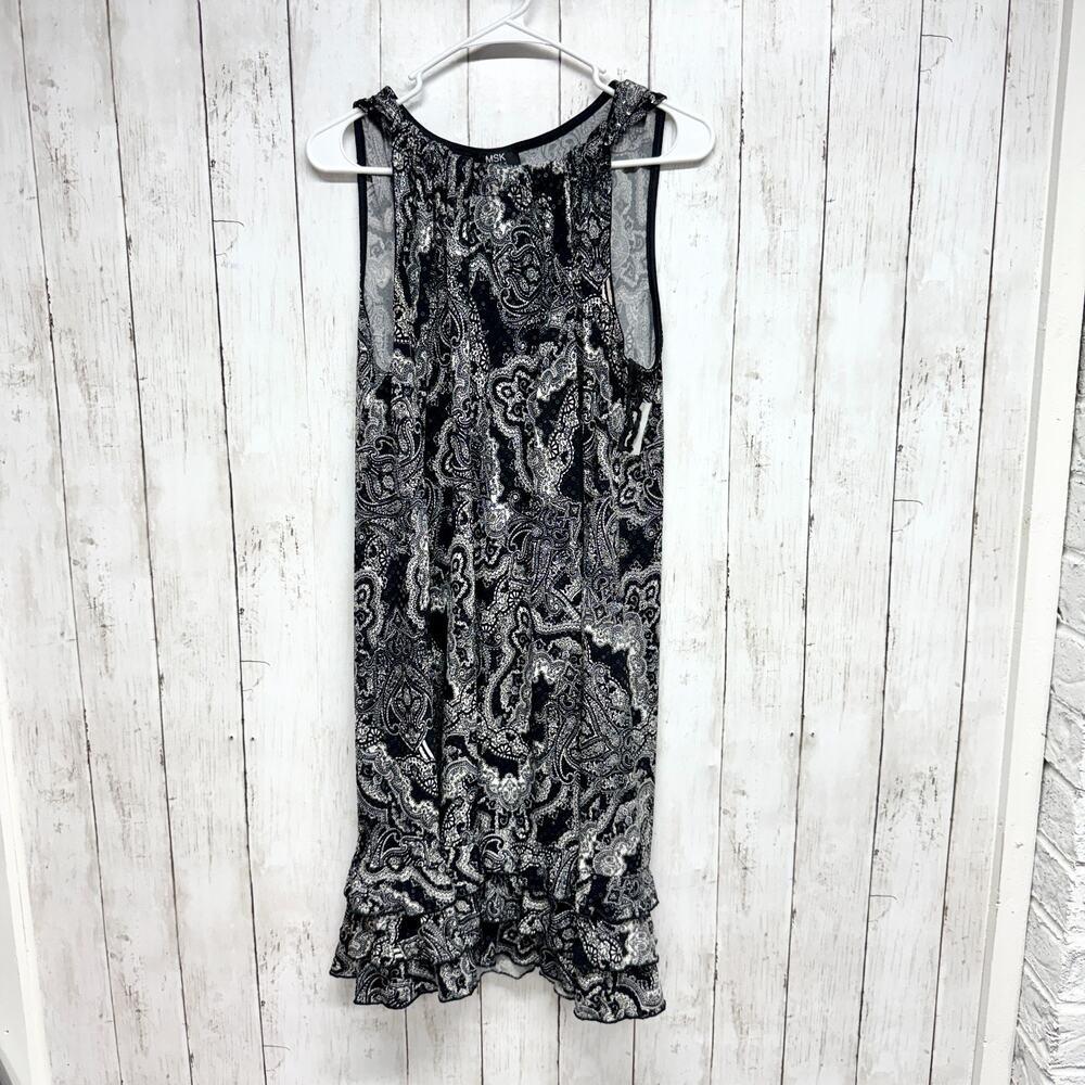 MSK Dress Women 27" Chest Black White Paisley Sleeveless Midi Ruffle Trim Sequin